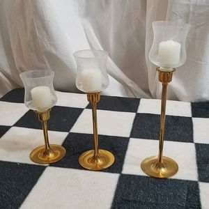 Vintage Brass and Glass Candle Holders Set of 3 Graduated Size